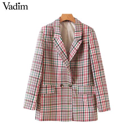 Vadim Women Chic Plaid Blazer Pockets Double Breasted Long Sleeve