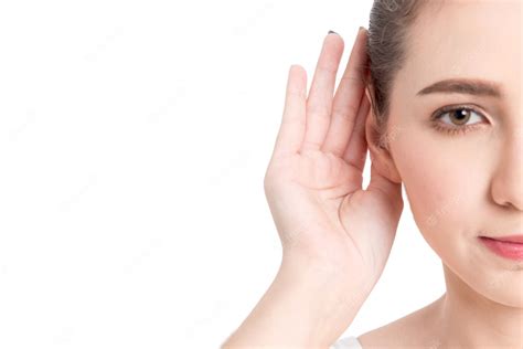 Premium Photo Woman Hand On Ear Listening For Quiet Sound Isolated On