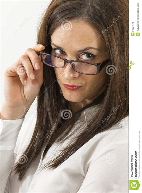 Close Up Of Beautiful Young Woman Wearing Eyeglasses Isolated Stock