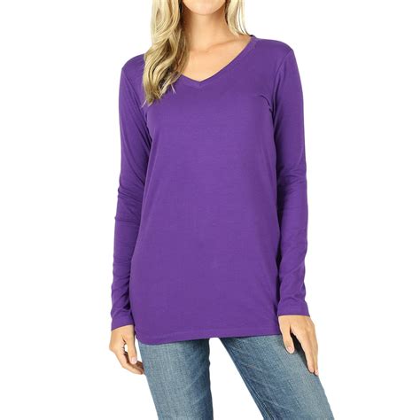 thelovely women basic cotton relaxed fit v neck s 3x long sleeve t shirt top single and multi