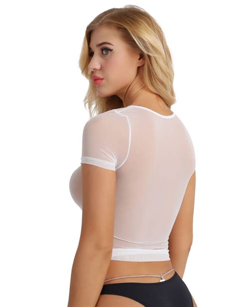 Womens Mesh Sheer Short Sleeve Crop Tops Slim Fit Shirt Party See