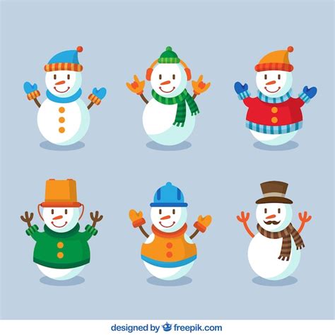 Free Vector Smiling Snowmen With Winter Clothes