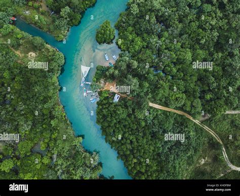 Thailand Aerial Landscape Drone View Of River In Green Tropical Stock