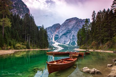 Boats At Lago Di Braies Dolomites Italy Italy