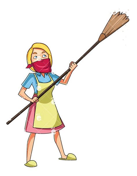 A Woman Dusting The Ceiling Blonde Broom Cartoon Caucasian