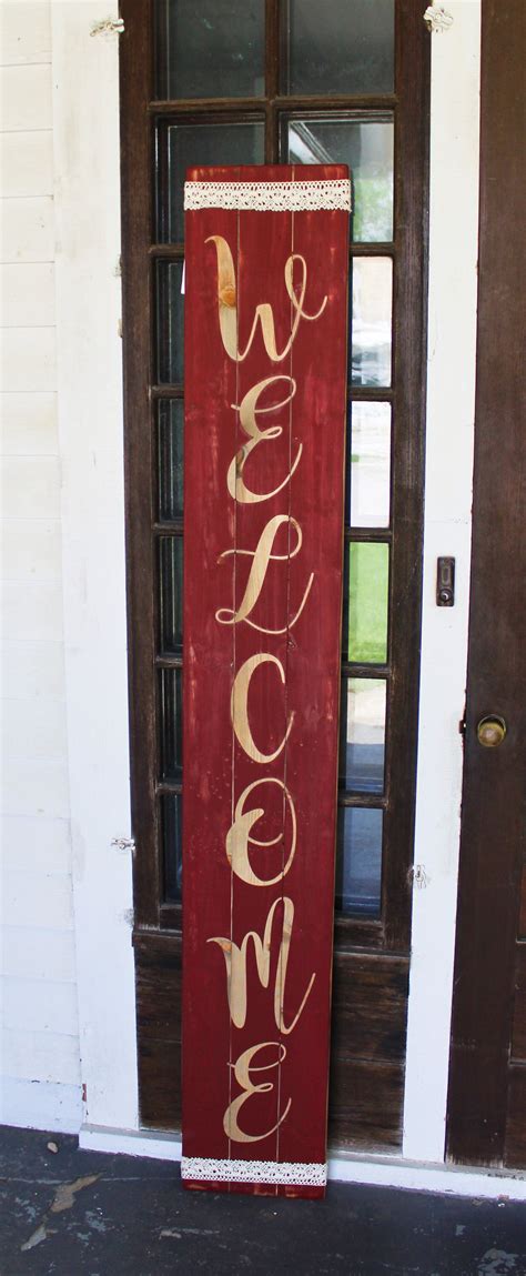 Wooden Red Welcome Sign For The Front Porchverticaltallpatiooutdoor