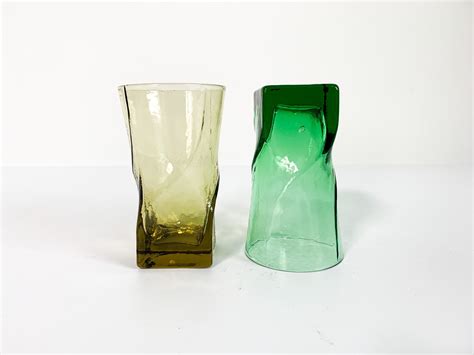 Vintage Set Of 6 Juice Glasses Multi Colored Twist Square Base Design