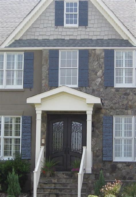 Medium And Light Gray And White With Slate Blue Shutters Exterior Color