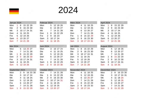 Calendario Del Año 2024 En Alemán Con Días Festivos En Alemania