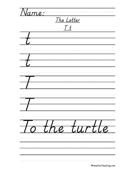 Letter T Dnealian Style Handwriting Practice Worksheet Have Fun Teaching