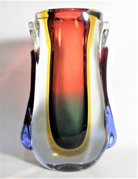 Large Mid Century Modern Heavy Italian Murano Art Glass Multi Colored Vase For Sale At 1stdibs