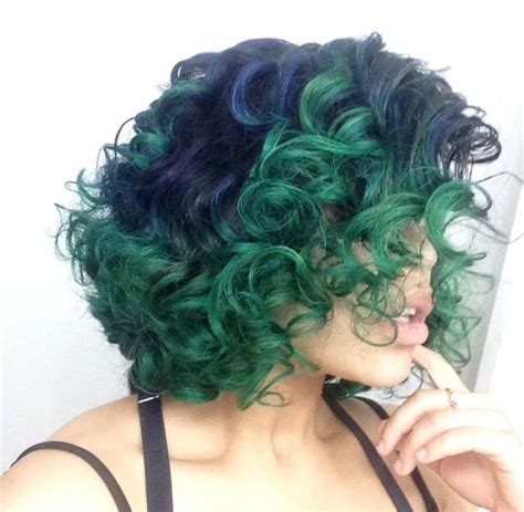 Short Curly Hair Navy Blue Roots Blending To Forest Green Green