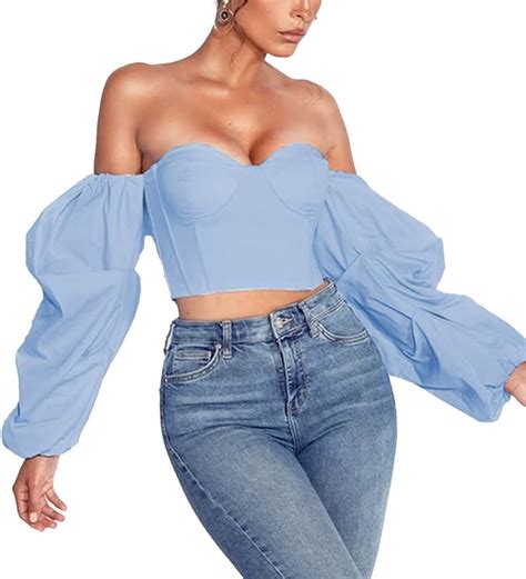 Womens Sexy Off Shoulder Shirt Long Puff Sleeve No Shoulder Strap Tight Cropped Tops Blouses