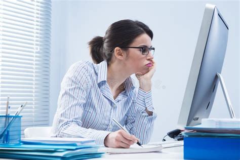 Bored Woman Working Late At Night With Her Computer Stock Photo Image