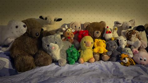 Bed Full Of Stuffed Animals Sitting In A Row Some Of Them Well Used
