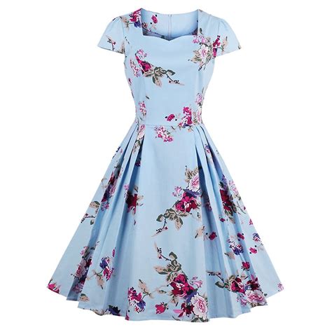 Sisjuly Vintage 1950s Dresses Summer Light Blue Women Floral Print Dress Square Neck Collar 2017