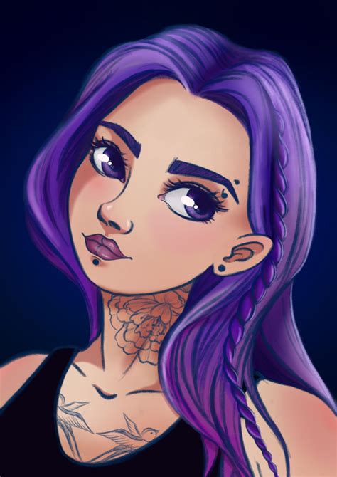 Cartoony Portrait Girl With Tattoos Inartbee Digital Art Violet Hair Characters With Purple
