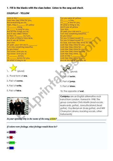English Worksheets Song Yellow Coldplay