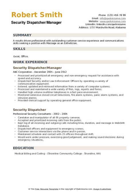 View hundreds of emergency management specialist resume examples to learn the best format, verbs, and fonts to use. Security Dispatcher Resume Samples | QwikResume