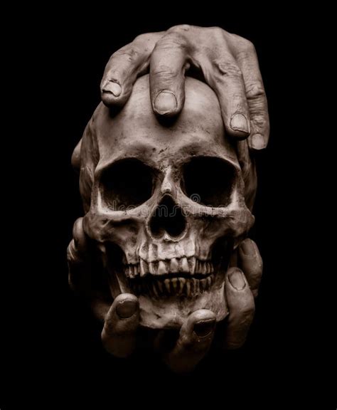 Male Hands Are Holding A Dummy Human Skull Stock Image Image Of