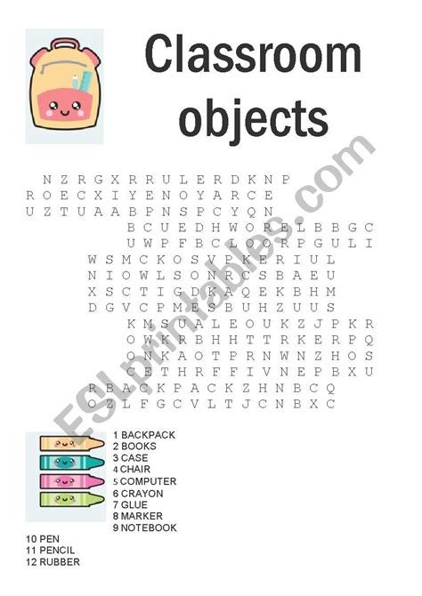 Classroom Objects Esl Printable Word Search Puzzle Worksheets Images And Photos Finder