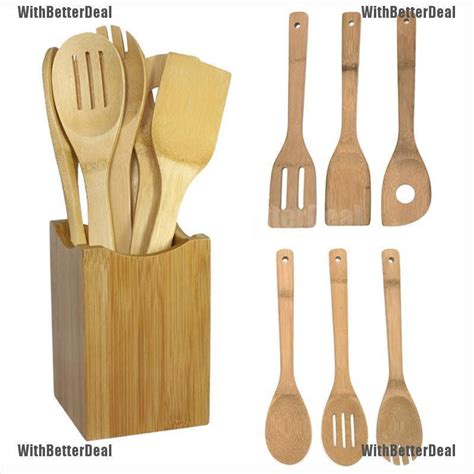 6xset Bamboo Utensil Kitchen Wooden Cooking Tools Spoon Spatula Mixing