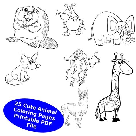 Printable Cute Animal Coloring Pages 25 Pages Digital Etsy Uk