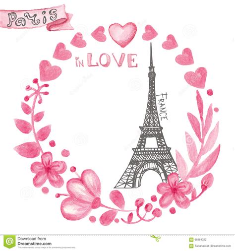 Paris In Lovewatercolor Floral Pink Wreatheiffel Tower