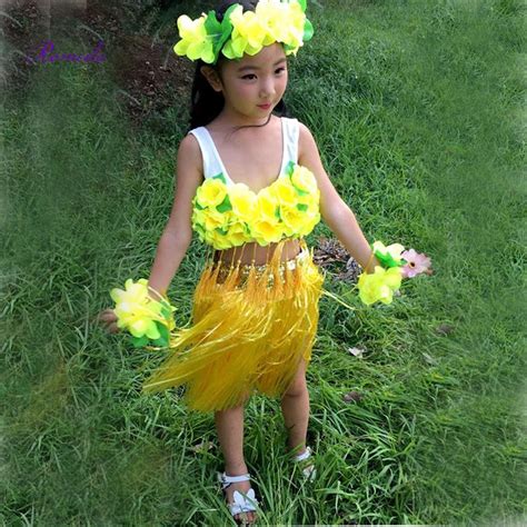 New Arrived 1setlot Kids Hawaiian Skirt Sets Hawaiian Hula Grass Skirt