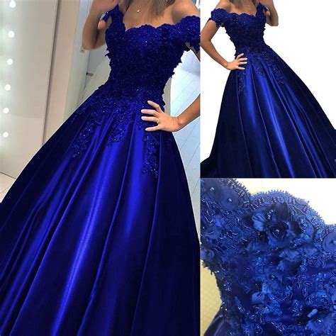 new royal blue ball gown cheap prom dress off the shoulder lace 3d flowers beaded corset back