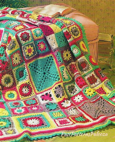 Vintage Crochet Pattern Granny Square Sampler Afghan Patchwork 7c3