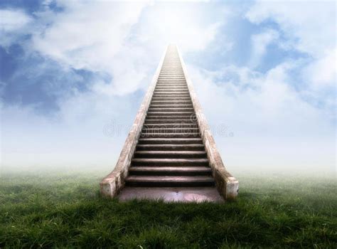 A Stairway Going Up Into The Sky With Grass In Front Of It Royalty