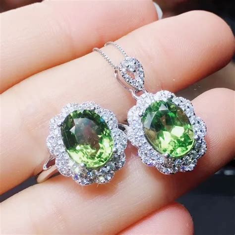 Natural Real Peridot Jewelry Set 925 Sterling Silver 1pc Ring 1pc