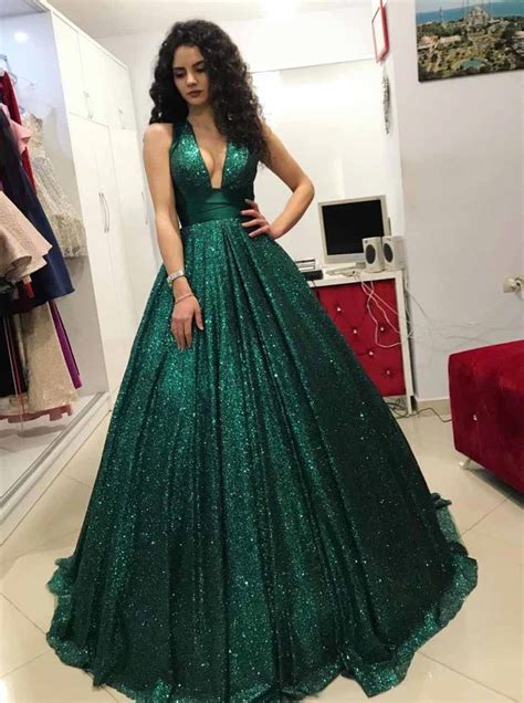 Sparkly Sequins Ball Gown Dark Green V Neck Prom Dress Op724
