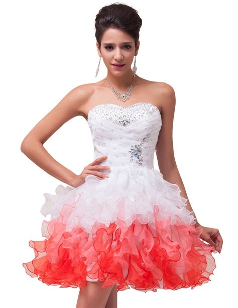 Sexy Strapless Puffy Short Prom Dresses 2016 Grace Karin White Red Beaded Ball Gown Evening