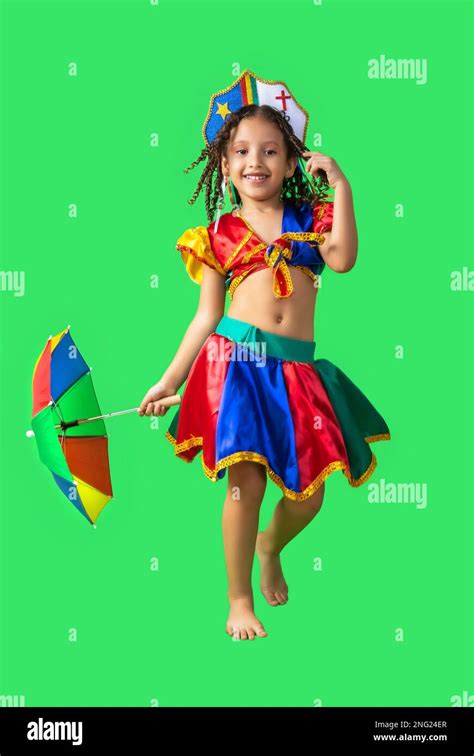 Brazilian Girl Dressed In Carnival Outfit Dancing With Frevo Umbrella