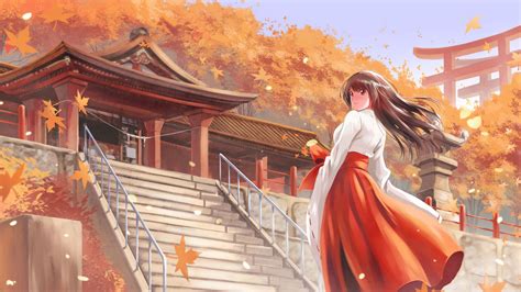 Download Wallpaper 1920x1080 Girl Kimono Pagoda Autumn Anime Art
