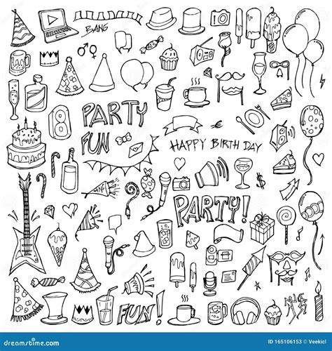 Set Of Party Drawing Illustration Hand Drawn Doodle Sketch Line Vector