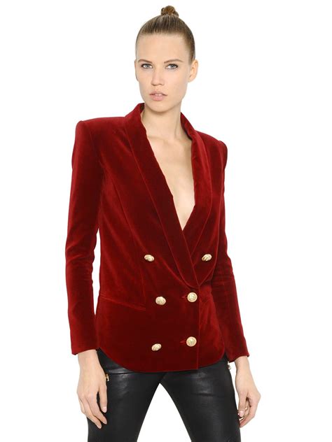 Lyst Balmain Double Breasted Cotton Velvet Jacket In Red
