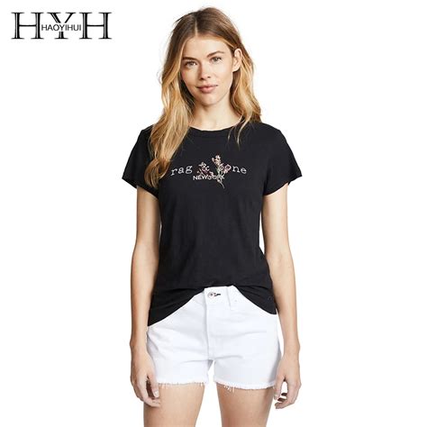 Hyh Haoyihui Fashion Women Letter Printed Emboridery Basic Tops Solid O Neck Short Sleeve Tanks
