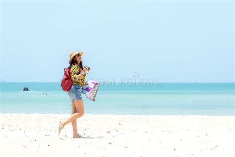 Happy Traveler And Tourism Women Travel Summer On The Beach Stock