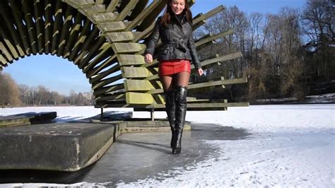 Julie Skyhigh In Overknee Gml Boots Walking On Frozen Lake In Leather Miniskirt Youtube