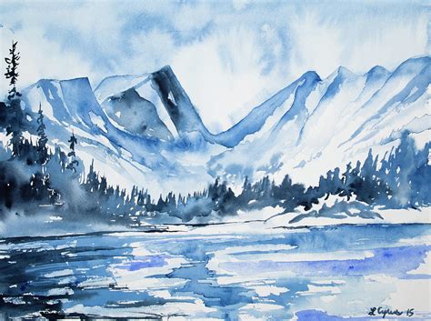 Watercolor Dream Lake Winter Landscape Painting By