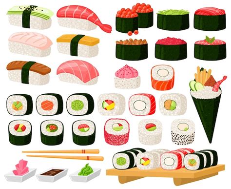 Rollos De Cocina Asiática De Dibujos Animados Sushi Platos De Sashimi