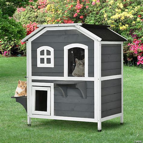 Pawhut Fir Wood 2 Story Outdoor Cat House Wooden Feral Cat Shelter With