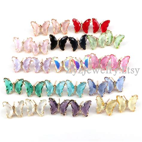 5 10 Pairs Colorful Crystal Butterfly Stud Earrings For Women Etsy