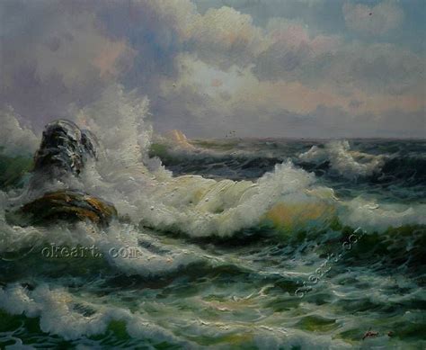 Ocean Waves Foam Breaking Free In Landscape Oil Painting