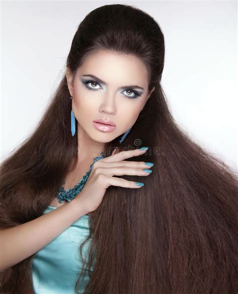 Beautiful Brunette Girl Healthy Long Hair Manicured Nails Beauty
