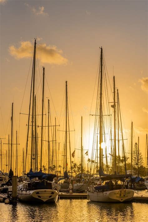 Yachts At Sunset At Ala Wai Small Boat Harbor In Honolulu Hawaii Stock