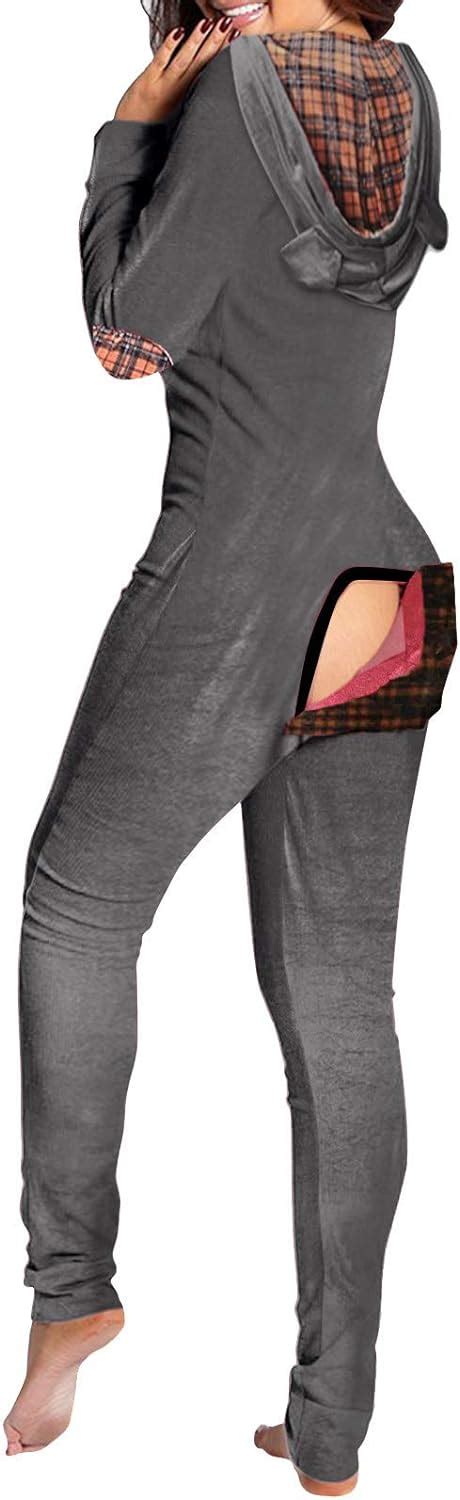Xuebing Onesie Pajamas For Women Women S Sexy Butt Button Back Flap Jumpsuit Long Sleeve
